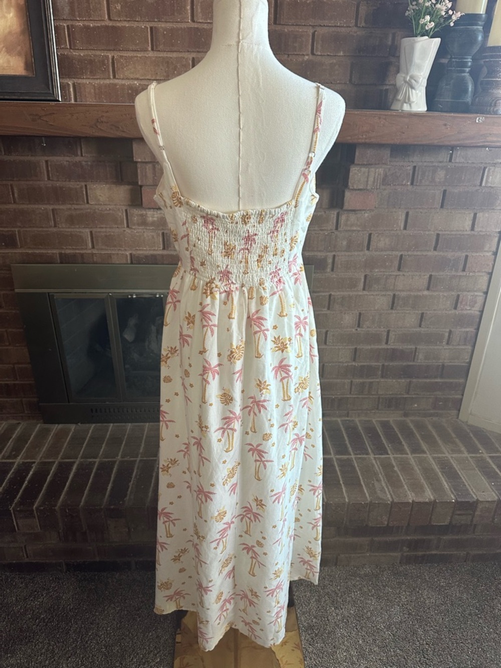 Japna Tropical Palm Tree Midi Dress Boho Coastal Vacation Twee Ivory Pink M - Picture 4 of 5